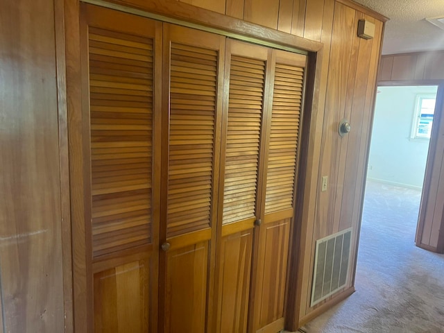 interior details with carpet, a textured ceiling, and wooden walls