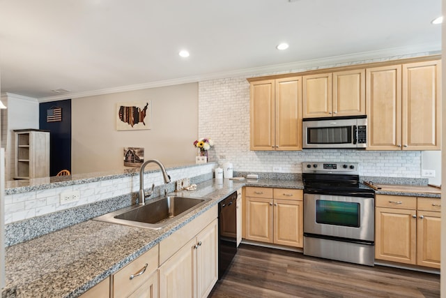 5511 Colonial Chatsworth Cir N, Charleston, SC 29418 - kitchen with appliances with stainless steel finishes, light brown cabinetry, ornamental molding, tasteful backsplash, and recessed lighting