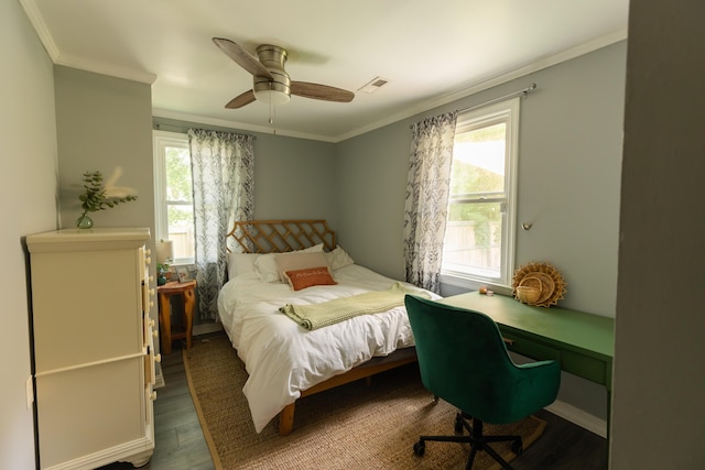 716 White Oak Dr, Charleston, SC 29407 - bedroom featuring crown molding, wood finished floors, multiple windows, and ceiling fan