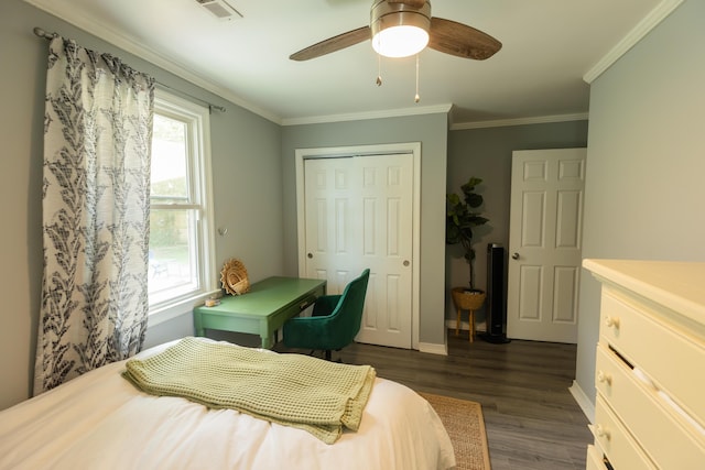716 White Oak Dr, Charleston, SC 29407 - bedroom with a closet, dark wood-style floors, ornamental molding, baseboards, and a ceiling fan