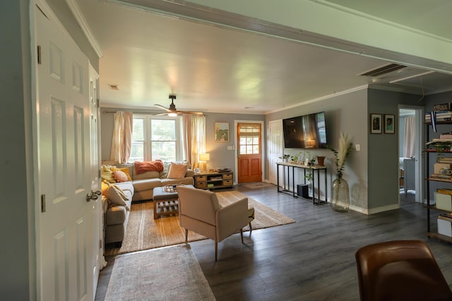 716 White Oak Dr, Charleston, SC 29407 - living room with wood finished floors, ornamental molding, baseboards, and ceiling fan