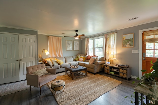 716 White Oak Dr, Charleston, SC 29407 - living room with crown molding, wood finished floors, and a ceiling fan
