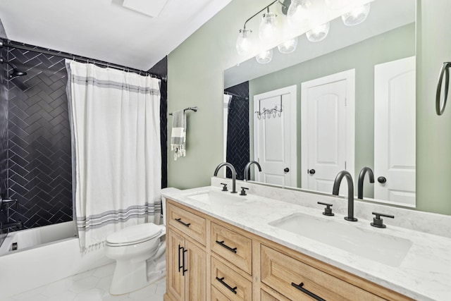 1166 Julian Clark Rd, Charleston, SC 29412 - full bath featuring double vanity, toilet, shower / bath combo with shower curtain, and tile patterned floors