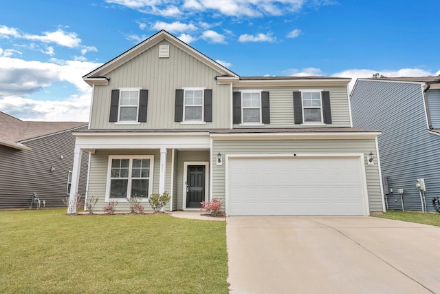 traditional home featuring an attached garage, board and batten siding, concrete driveway, and a front lawn