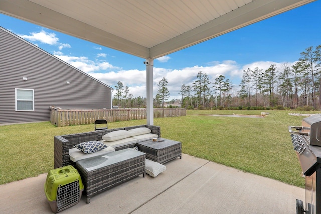 view of patio / terrace featuring an outdoor hangout area and fence