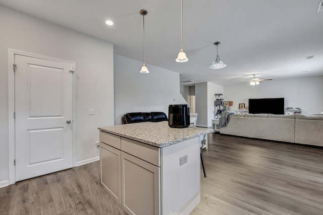 kitchen featuring pendant lighting, open floor plan, light wood finished floors, and a center island