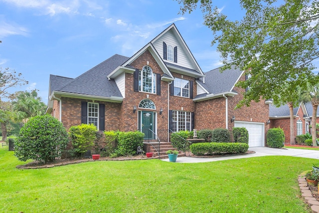 view of property with a front yard and a garage