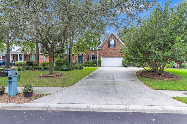 view of front of home with a front yard and a garage