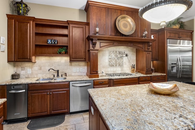 kitchen with a sink, light stone countertops, stainless steel appliances, open shelves, and backsplash