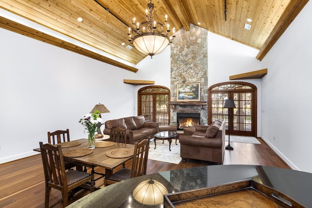 dining space with a healthy amount of sunlight, wood ceiling, and dark wood-style flooring