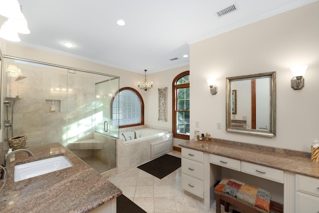 bathroom with ornamental molding, a garden tub, vanity, and a shower stall