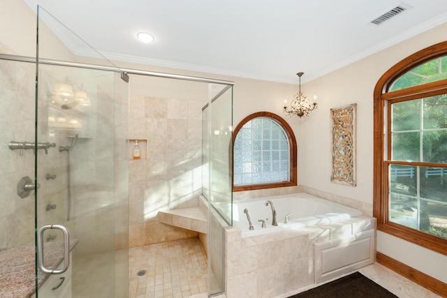 full bath with ornamental molding, visible vents, and a bath