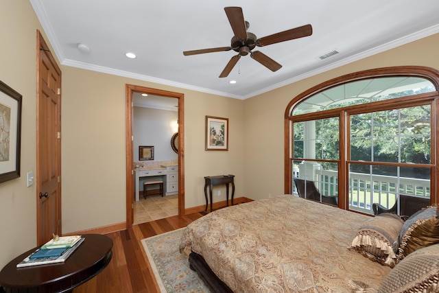 bedroom with light wood-type flooring, baseboards, visible vents, and crown molding