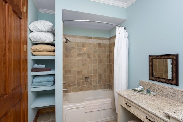 bathroom with crown molding, shower / bathtub combination with curtain, and vanity