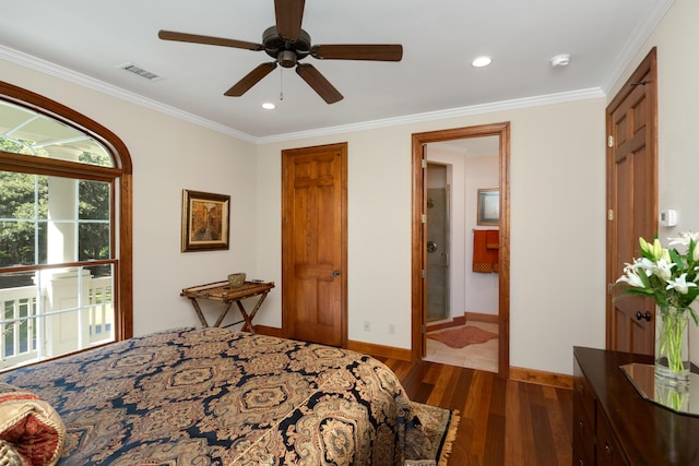 bedroom with baseboards, visible vents, ornamental molding, dark wood-style flooring, and recessed lighting