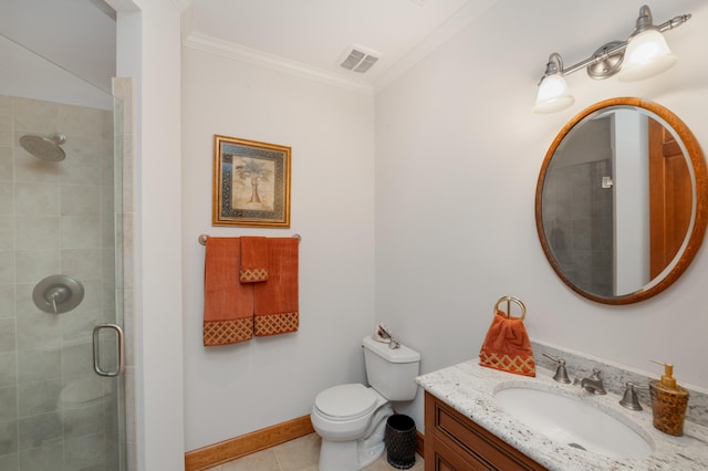 full bath featuring toilet, vanity, visible vents, a stall shower, and crown molding