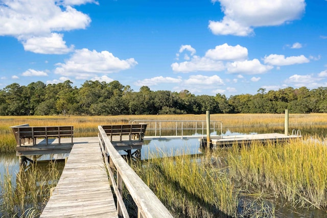 view of dock with a water view and a view of trees