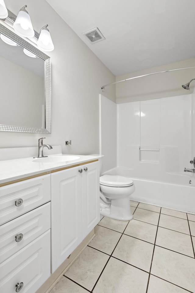 full bathroom featuring visible vents, toilet, shower / bathtub combination, tile patterned flooring, and vanity