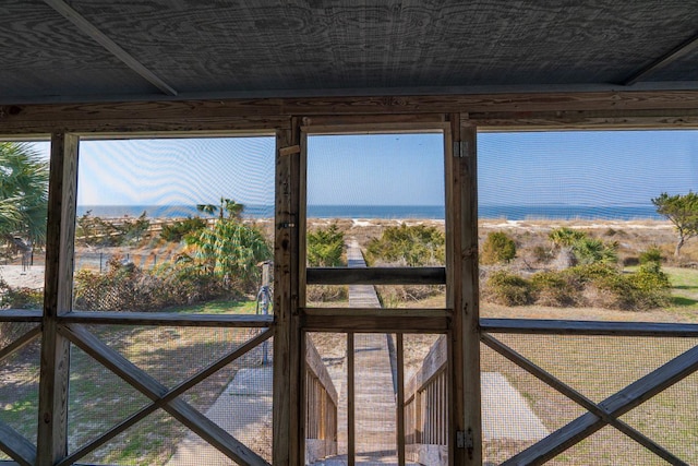 interior space with a water view