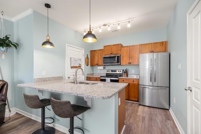 kitchen featuring sink, hanging light fixtures, stainless steel appliances, kitchen peninsula, and a breakfast bar