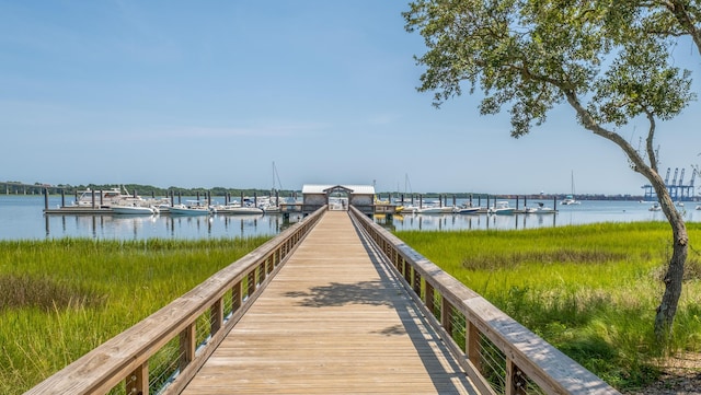 view of dock with a water view