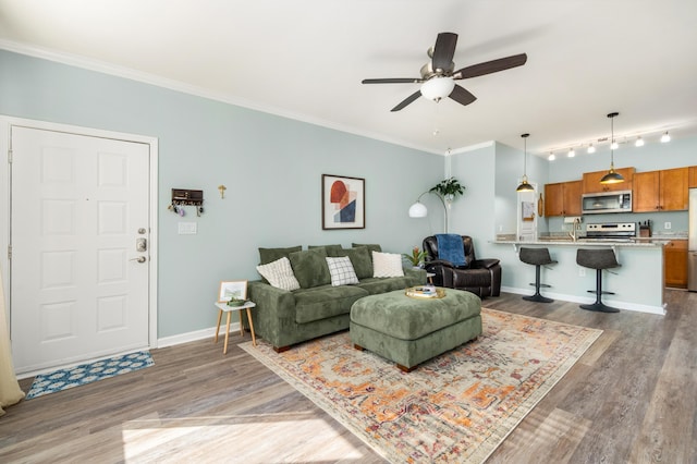 living room featuring ceiling fan, crown molding, sink, and hardwood / wood-style flooring