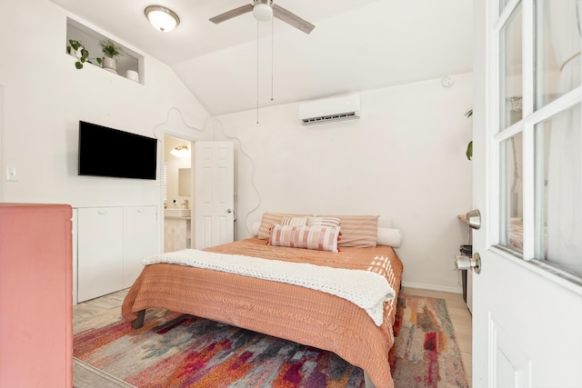 bedroom featuring vaulted ceiling, a ceiling fan, and a wall mounted air conditioner