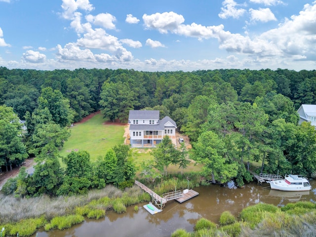 drone / aerial view featuring a water view