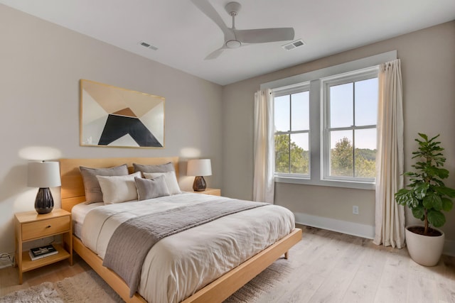 bedroom featuring ceiling fan and light hardwood / wood-style flooring