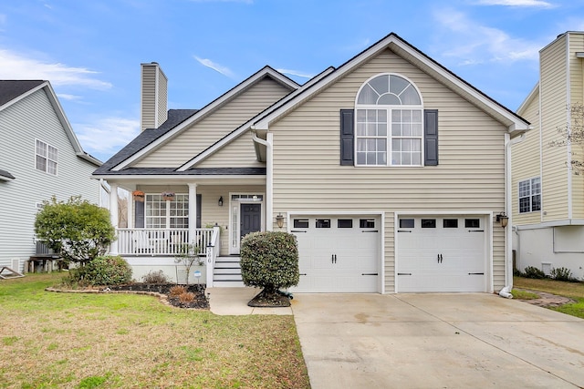 view of front of property featuring a porch, concrete driveway, a front yard, a garage, and a chimney