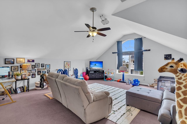 carpeted living room with a ceiling fan, baseboards, and vaulted ceiling