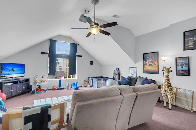 living room featuring baseboards, visible vents, ceiling fan, vaulted ceiling, and carpet flooring