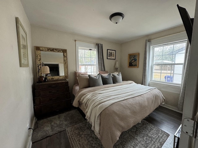 bedroom featuring multiple windows and dark wood-type flooring