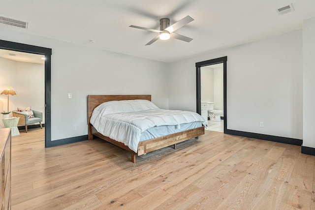 bedroom with ceiling fan and light hardwood / wood-style flooring