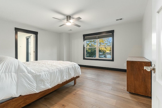 bedroom featuring ceiling fan and light hardwood / wood-style flooring