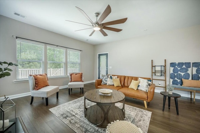 221 Lucca Dr, Summerville, SC 29486 - living area with baseboards, visible vents, ceiling fan, and dark wood finished floors