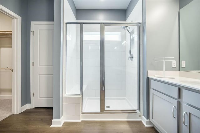 221 Lucca Dr, Summerville, SC 29486 - bathroom featuring baseboards, wood finished floors, a shower stall, vanity, and a walk in closet