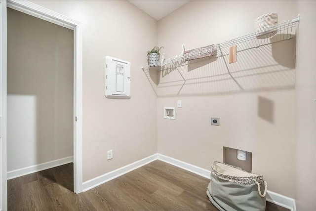 221 Lucca Dr, Summerville, SC 29486 - laundry room featuring electric dryer hookup, dark wood finished floors, baseboards, laundry area, and washer hookup