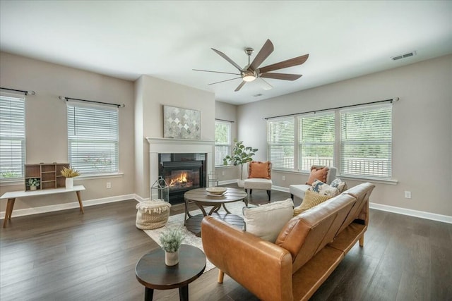 221 Lucca Dr, Summerville, SC 29486 - living room featuring a ceiling fan, baseboards, and dark wood finished floors