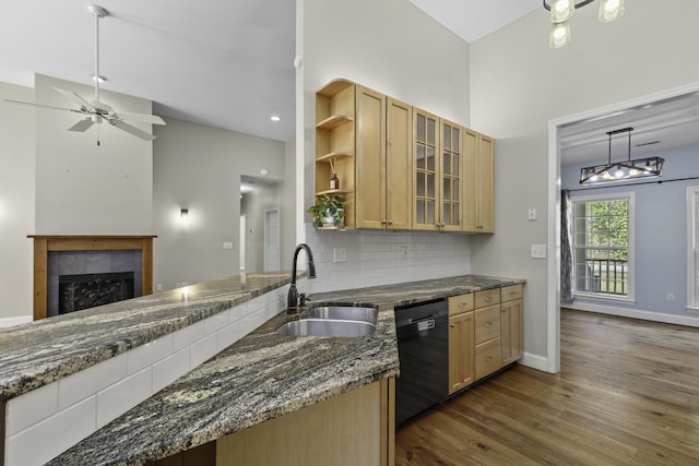 kitchen featuring a sink, open shelves, tasteful backsplash, dark wood-style floors, and dishwasher