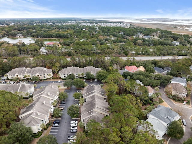 drone / aerial view with a water view