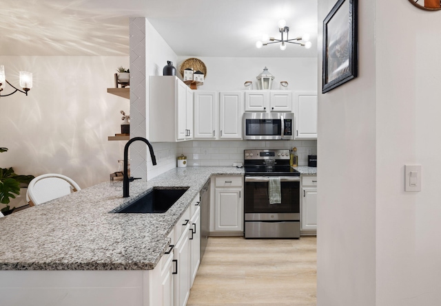 kitchen featuring light stone countertops, sink, stainless steel appliances, decorative backsplash, and white cabinets