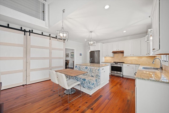 kitchen featuring a barn door, under cabinet range hood, a sink, appliances with stainless steel finishes, and backsplash