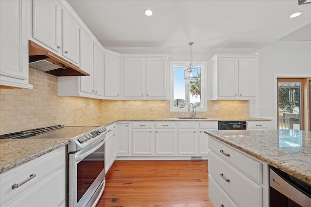 kitchen featuring under cabinet range hood, a sink, white cabinets, and stainless steel electric stove