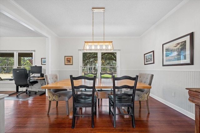 dining room featuring crown molding, a wainscoted wall, dark wood finished floors, and a textured ceiling