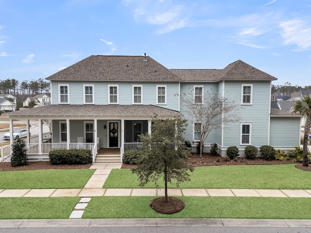 view of front of home with covered porch, roof with shingles, and a front lawn