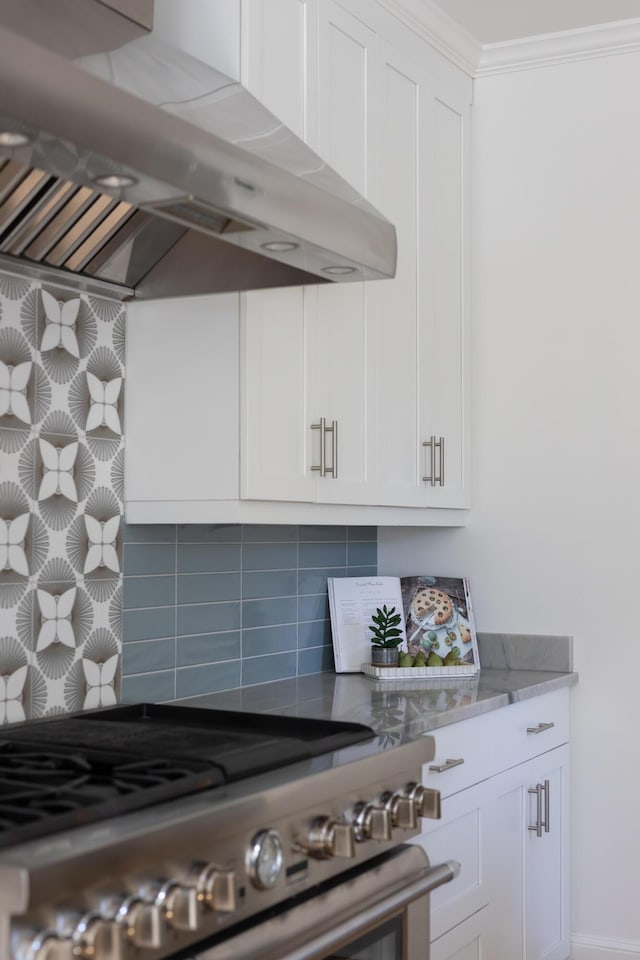 517 Royall Ave, Mount Pleasant, SC 29464 - kitchen with stainless steel range, extractor fan, tasteful backsplash, white cabinets, and light stone countertops