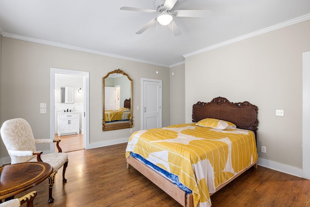 bedroom with ornamental molding, a ceiling fan, baseboards, and wood finished floors