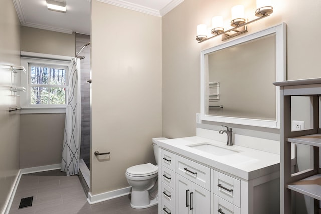 bathroom featuring visible vents, toilet, a shower with shower curtain, ornamental molding, and vanity