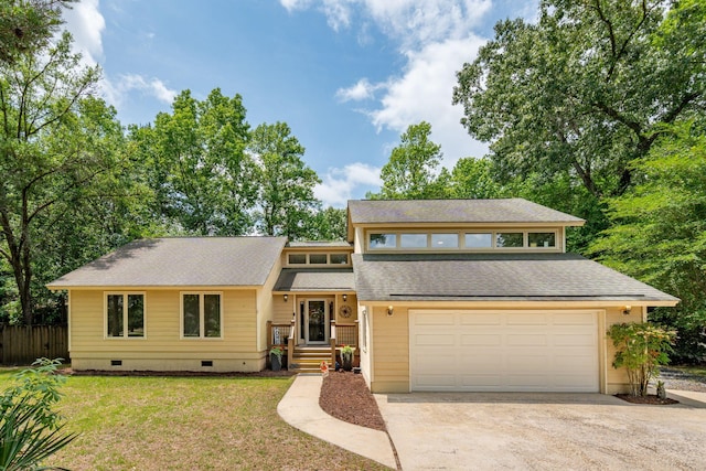 view of front of property with concrete driveway, a shingled roof, an attached garage, and crawl space